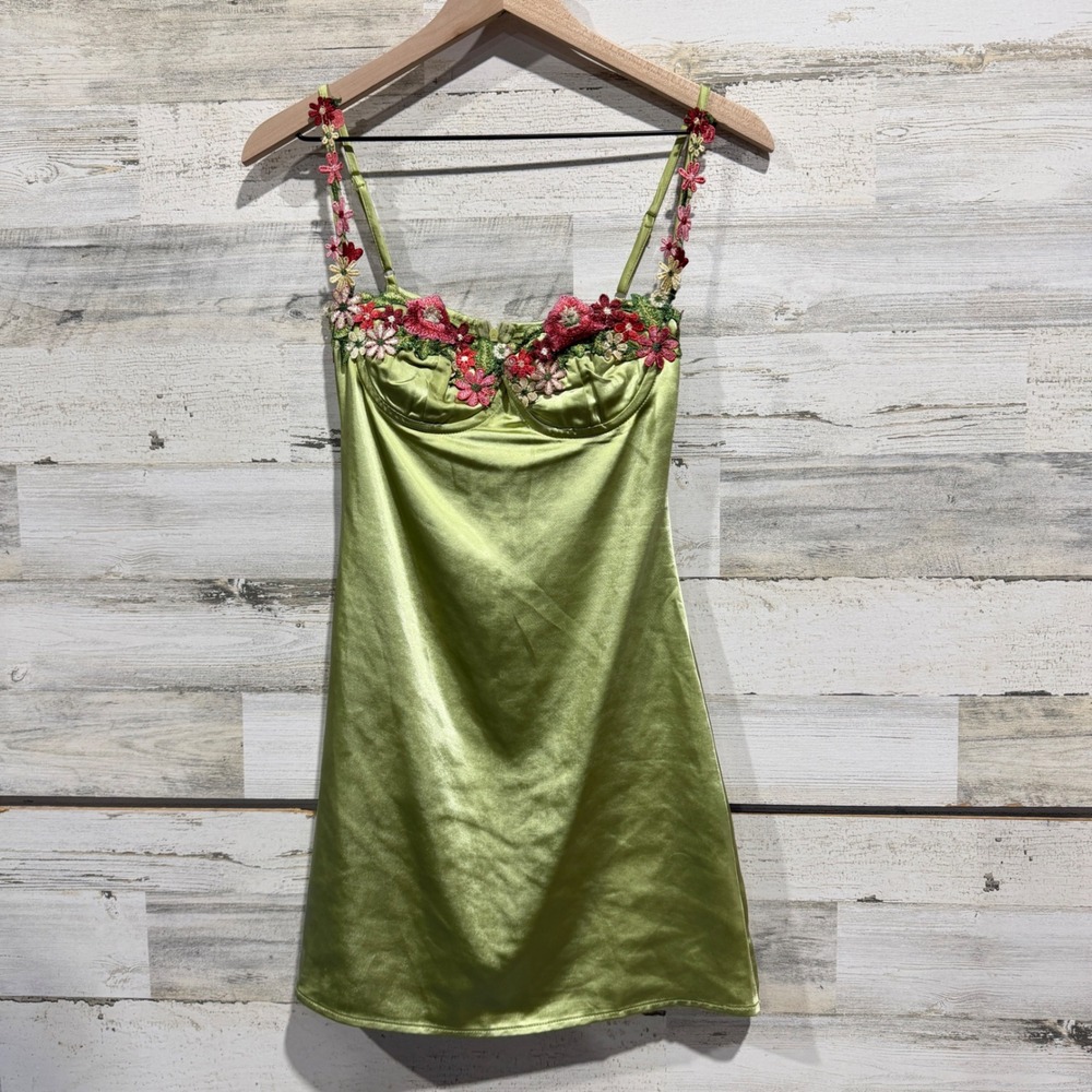 Princess Polly Mini Dress Womens 2 Green Floral Embroidery Satin Fairycore